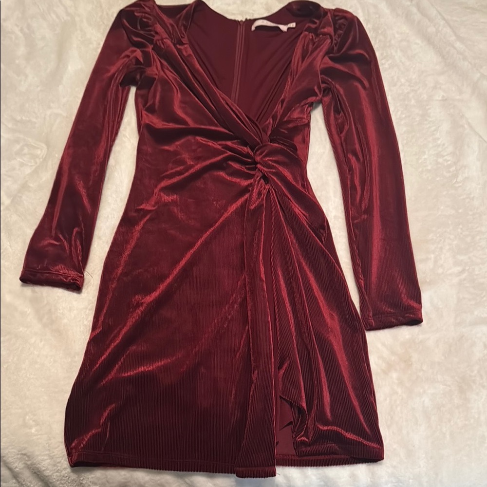 Astr Red Cocktail Dress with V-neck and Bishop Sleeves
